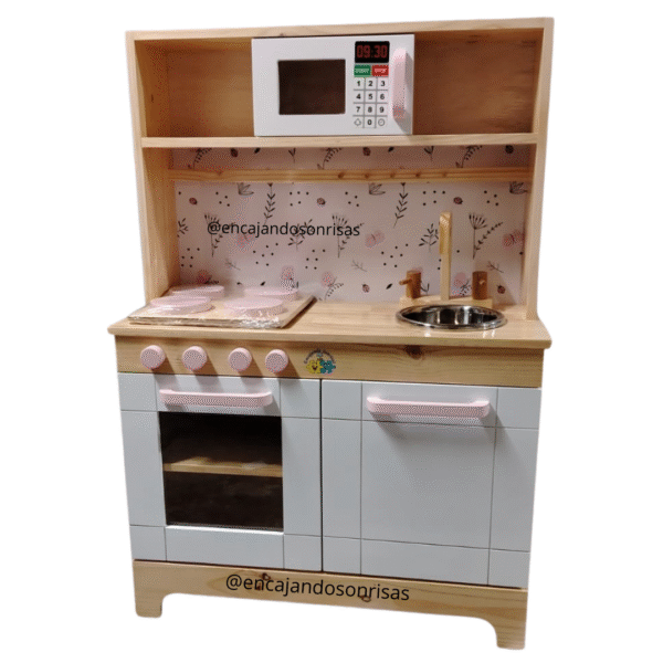COCINITA MONTESSORI COLOR BLANCO CON DETALLES ROSADO